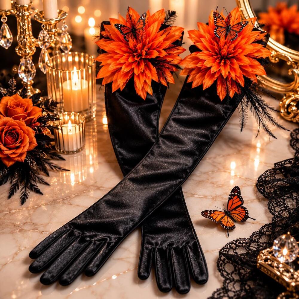 Black Velvet Opera Gloves with Orange Dahlia, Butterfly, Ostrich Feathers